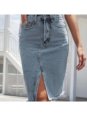 Kadın Elastik Bel Yırtık Kenar Detaylı Kot Etek