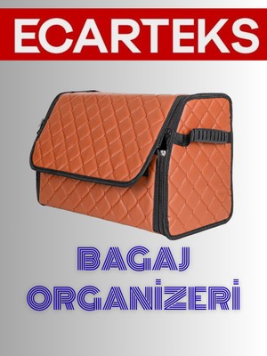 Ecarteks Kapitone Deri Oto Bagaj Organizeri Fermuarlı Sabitlemeli 3 Kulplu 40x25x30 cm Taba