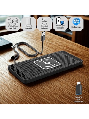 Polham 20W Süper Hızlı Kaymaz Kauçuk Kablosuz Şarj Aleti, Araç ve Masaüstü Kullanıbilir, Su Geçirmez Şarj Pedi