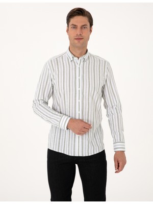 Pierre Cardin Erkek Yeşil Regular Fit Çizgili Uzun Kollu Gömlek 50312269-VR255