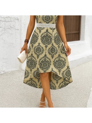 Kadın Kısa Kollu V Yakalı Çiçek Desenli Önü Kısa Arkası Uzun Pegasus Elbise