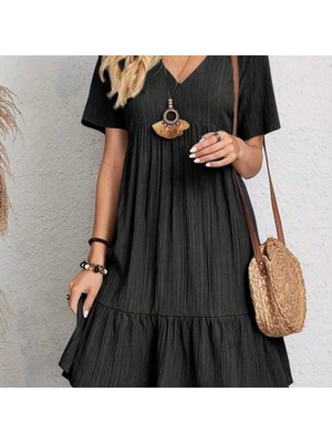 Kadın Kısa Kollu V Yakalı Fırfırlı Bürümcük Elbise