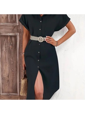 Kadın Kısa Kollu Yakalı Düğme Detay Midi Dokuma Elbise