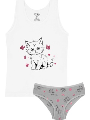 Öts Kız Çocuk Atlet Külot Likralı Beyaz Kedi (%96 Pamuk - %4 Elastan)