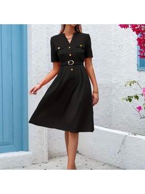 Kadın Kısa Kollu Düğmeli ve Kemerli Atlas Elbise