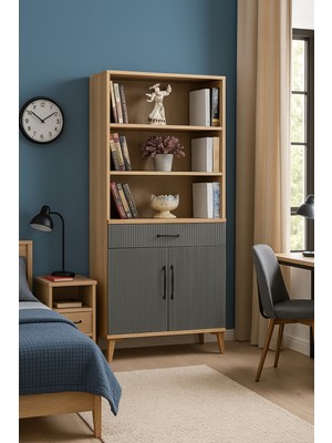 Ege Kapaklı Şifonyer & Kitaplık Set | MDF Gövde | Ağaç Ayaklar | Modern ve Fonksiyonel