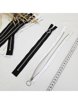 Metalik Dişli Yuvarlak Halka Fermuar 10 Adet | Çanta Fermuarı Uzunluk: 25 cm Siyah-Beyaz