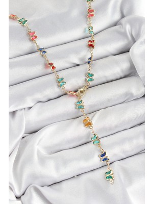 Pirinç Renkli Zirkon Taşlı Kelebek Model Gold Renk Kadın Y Kolye