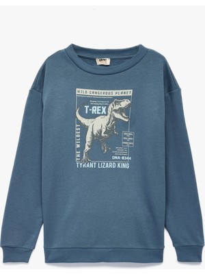 Uzun Kollu Bisiklet Yaka Şardonlu Dinozor Baskılı Sweatshirt