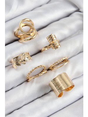 Pirinç Yaprak Model Gold Renk Kadın Yüzük Kombin Set