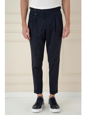 Comfort Fit Beli Tokalı Çift Pileli Lacivert Jogger Pantolon P 1172