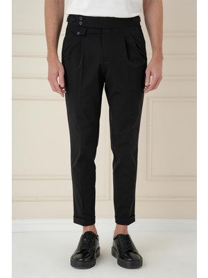 Efor Erkek Comfort Fit Beli Tokalı Çift Pileli Siyah Jogger Pantolon P 1172
