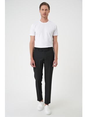 Slim Fit Pilesiz Yün Klasik Siyah Kumaş Pantolon  P 1191