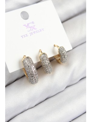 Pirinç Zirkon Taşlı 3'lü Halka Model Gold ve Gümüş Renk Kadın Küpe