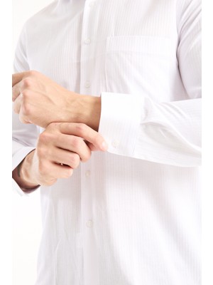 Varetta Erkek Gömlek Beyaz Uzun Kollu Pamuklu Çizgili Cepli Günlük Şık Klasik Model