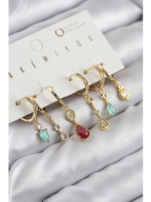 Pirinç Zirkon Taşlı Sallantılı Model Gold Renk 6'lı Küpe Set