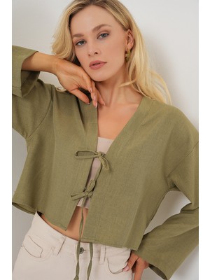 Bigdart Önü Bağlamalı Keten Kimono 960 - Çağla Renkli Kadın Casual Stil Orta Kalınlık