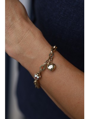 14 Ayar Altın Cetaş Eterna Mine ve Taş Detaylı Charmlı Çift Zincir Bileklik