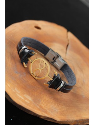 Gold Renk Sonsuzluklu Metal Aksesuarlı Siyah Renk Deri Erkek Bileklik - Lisinya