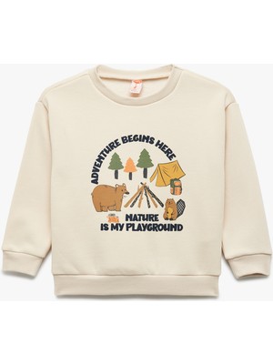 Uzun Kollu Şardonlu Bisiklet Yaka Baskılı Sweatshirt