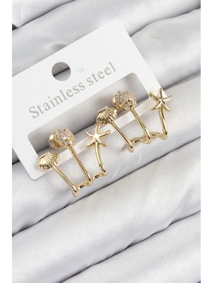 Pirinç Zirkon Taşlı Deniz Yıldızı ve Istiridye Model Gold Renk Kadın Küpe