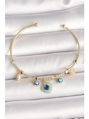 Pirinç Gold Renk Zirkon Taşlı Nazar Boncuk Detay Charm Kadın Bileklik