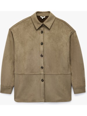 Kruvaze Yaka Uzun Kollu Düğmeli Suni Süet Gömlek Ceket