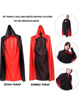 Siyah Kırmızı Çift Taraflı Kapişonlu Pelerin