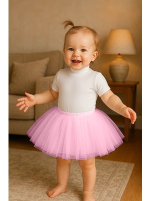 NSM Life Şeker Pembe Kız Bebek Prenses Tütü Etek Normal Bel Tam Beden Tül Kumaş Mini Boy