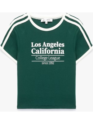 Slim Fit Kısa Kollu Biyeli Bisiklet Yaka Baskılı Tişört