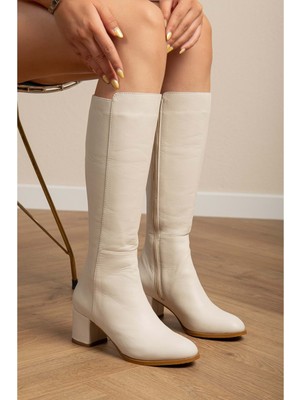 Kadın Hakiki Deri Şık Topuklu Çizme - Krem