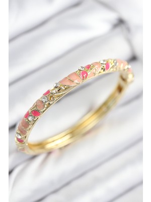 Mineli Pirinç Zirkon Taşlı Pembe Çiçek Motifli Gold Kadın Kelepçe
