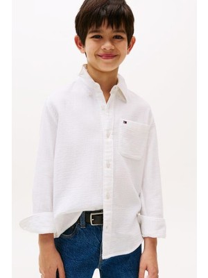 Erkek Çocuk Dokulu Pamuklu Gömlek - Beyaz