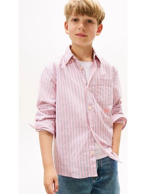 Erkek Çocuk Çok Renkli Çizgili Düğmeli Yaka Gömlek - Pembe