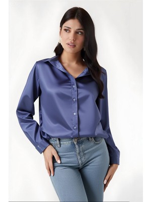 Hazelin Kadın Mavi Hafif Dökümlü Saten Yüzeyli Gömlek HZL22W-BD139641