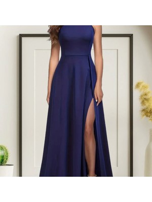 Kadın Halter Yaka Derin Yırtmaç Detaylı Tam Boy Janjan Krep Abiye Elbise