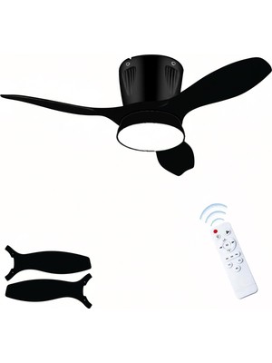 Modern LED Işıklı Tavan Vantilatörü 3 Renk Işık 3 Kademe Hız Sessiz Siyah Gövde Siyah Kanat Avize