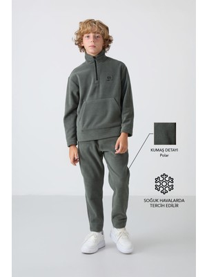Tommy Life Haki Kalın Yumuşak Dokulu Polar Erkek Çocuk Eşofman Takım - 11218 Standart Fit Cepli Tasarım