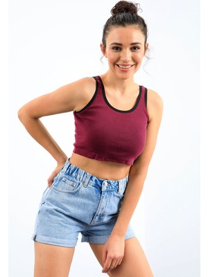 Bordo Basic Sıfır Kol Dar Kalıp U Yaka Kadın Crop Top Atlet - 97162