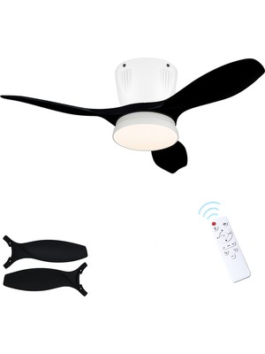 Modern LED Işıklı Tavan Vantilatörü 3 Renk Işık 3 Kademe Hız Sessiz Beyaz Gövde Siyah Kanat Avize