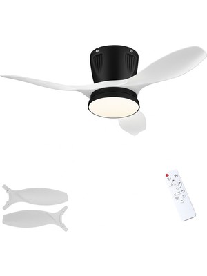 Modern LED Işıklı Tavan Vantilatörü 3 Renk Işık 3 Kademe Hız Sessiz Siyah Gövde Beyaz Kanat Avize