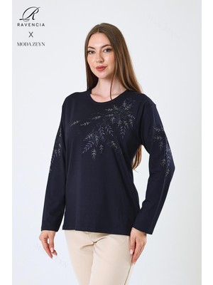 Kadın Orta Yaş ve Üzeri Viskon Çiçek Desen Taşlı Işlemeli Likralı Lacivert Anne Penye Bluz