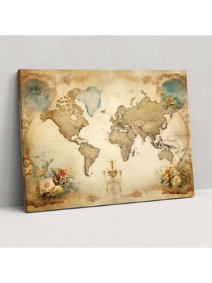 Popcas Vintage Dünya Haritası Kanvas Tablo - Dünya Haritası Duvar Dekorasyonu Kanvas Duvar Sanatı Duvar Sanatı