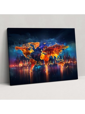 Popcas Gelecek Temalı Dünya Haritası Duvar Sanatı - Dünya Haritası Kanvas Tablo Duvar Dekorasyonu
