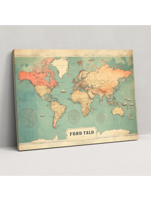 Popcas Vintage Dünya Haritası Duvar Sanatı - Dünya Haritası Ev Dekorasyonu Kanvas Tablo