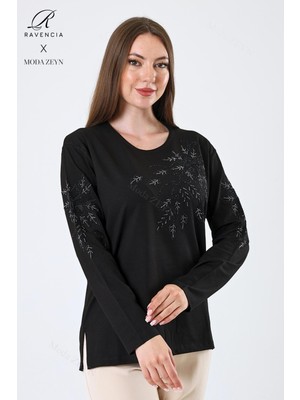 Kadın Orta Yaş ve Üzeri Viskon Çiçek Desen Taşlı Işlemeli Likralı Siyah Anne Penye Bluz
