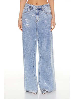 F21 Yılan Desenli High-Rise Wide-Leg Jean Pantolon