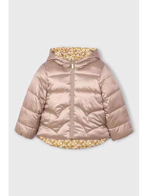 Kız Çocuk Kapüşonlu Çiçek Desenli Çift Taraflı Şişme Mont - Vizon/hardal