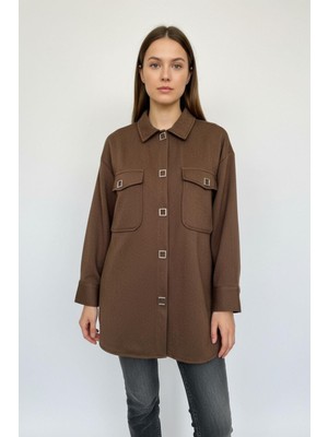 Kahve Oversize Cepli Kadın Gömlek Ceket 8130A