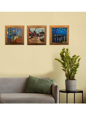 Masif (Ahşap) Çerçeveli 3'lü Set Taş Tablo Pano 26X26 Set Karma